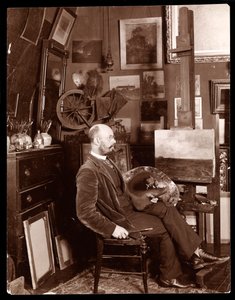 John Francis Murphy i studioet hans på The Chelsea, West 23rd Street, New York, ca. 1895 (sølv gelatintrykk)
